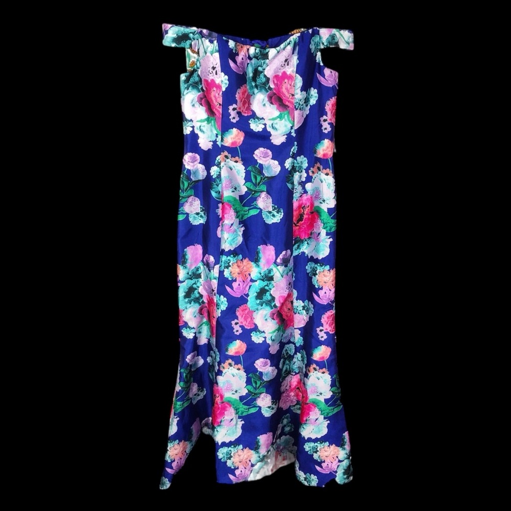 Off The Shoulder Floral Print Satin Square Neck Corset Back Hourglass Prom Dress - Picture 4 of 14
